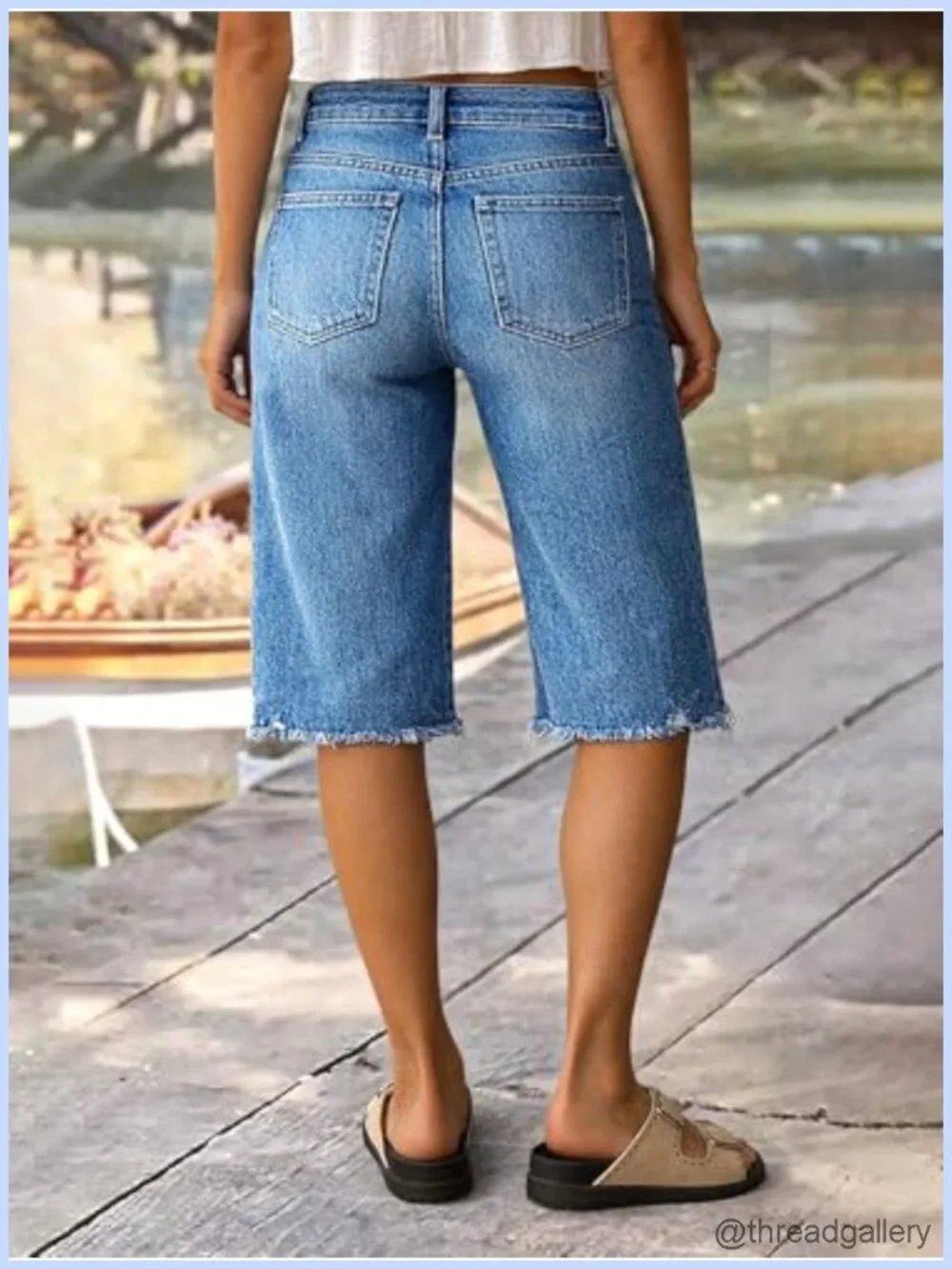 Mid Rise Straight Leg Bermuda Drawstring Denim Shorts High Stretch Raw Hem